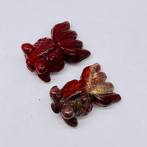 Wondrous 2 Carved Brecciated Jasper Gold Fish Beads | 23x11x5mm | Red