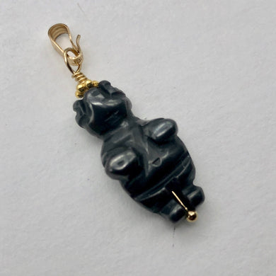 Hand Carved Hematite Goddess of Willendorf 14Kgf Pendant| 1 1/2