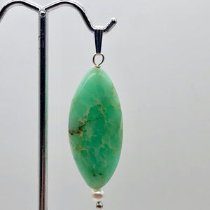 Glowing Green Marquis Chrysoprase Pearl Sterling Silver Pendant | 2 1/8" Long|
