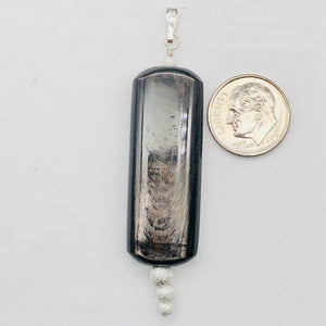 Hypersthene, Flat Rounded Rectangle Dangle Pendant| 2 1/2 ' Long | Black/Silver|