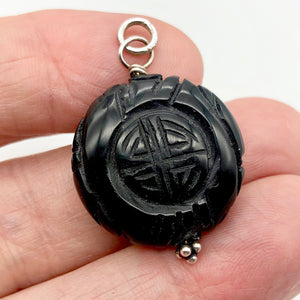 Carved Long Life Obsidian Coin Bead Sterling Silver Pendant - PremiumBead Alternate Image 4