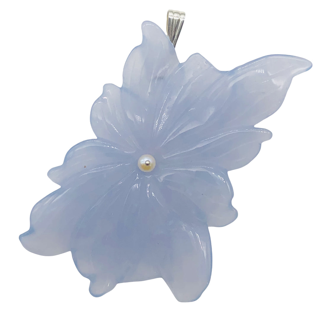Hand Carved Blue Chalcedony Flower Sterling Silver Pendant! | 2 1/2