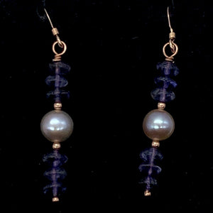 Vibrant Faceted Iolite and Pearl Dangling Earrings |Rose Gold | 1 3/4" Long |