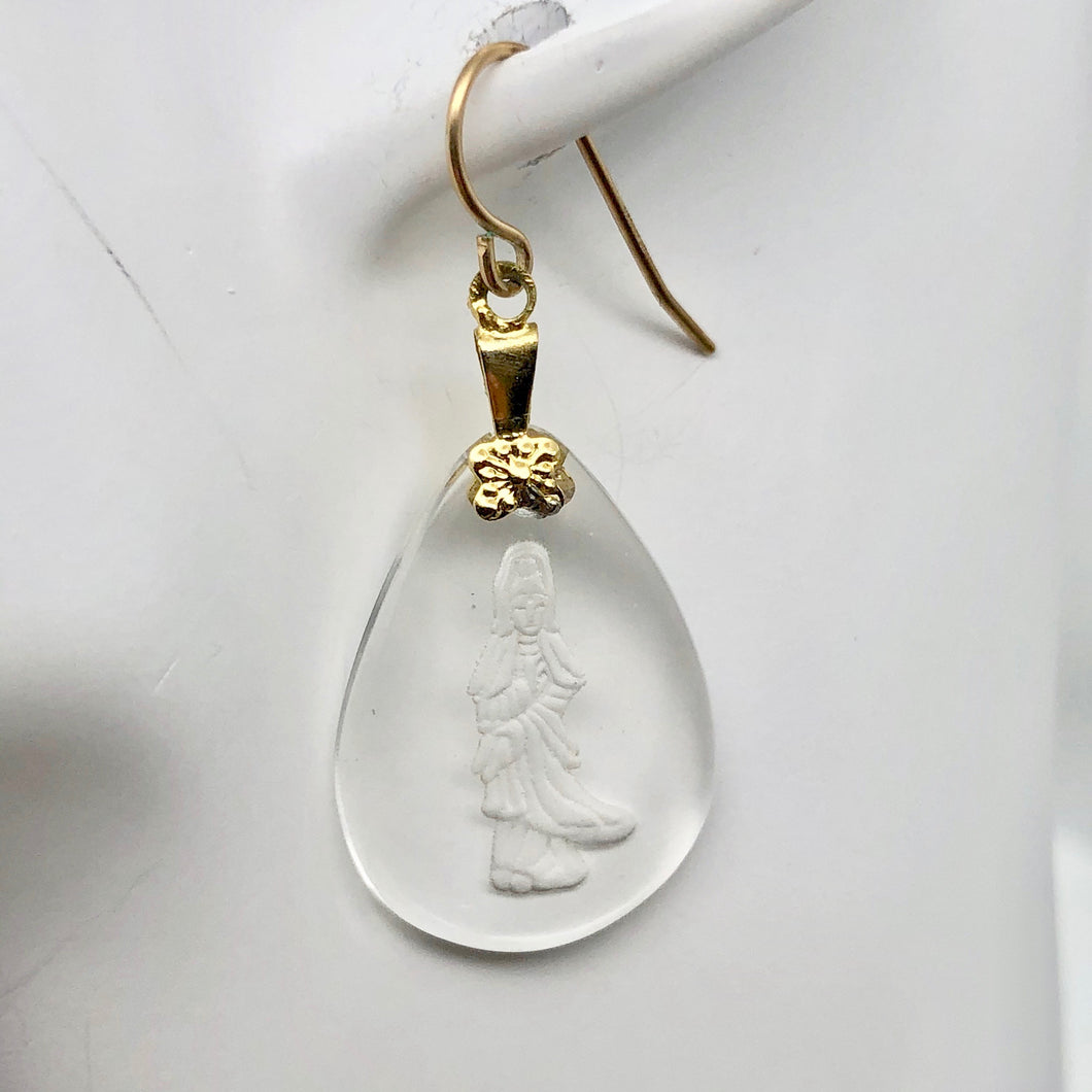 Reverse Carved Quan Yin Goddess Quartz 14Kgf Earrings | 34x18x4mm | - PremiumBead Primary Image 1