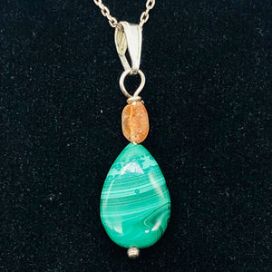 Pink Topaz and Malachite Sterling Silver Pendant | 1 3/8" Long | Green/Pink | 1|