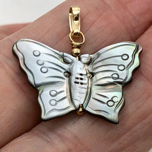 Mussel Shell Carved Butterfly 14K Gold Filled Pendant | 1" Long | Silver Black |