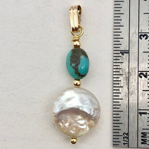Natural Turquoise & Drop FW Pearl 14Kgf Pendant | 1 3/8" long | - PremiumBead Alternate Image 5