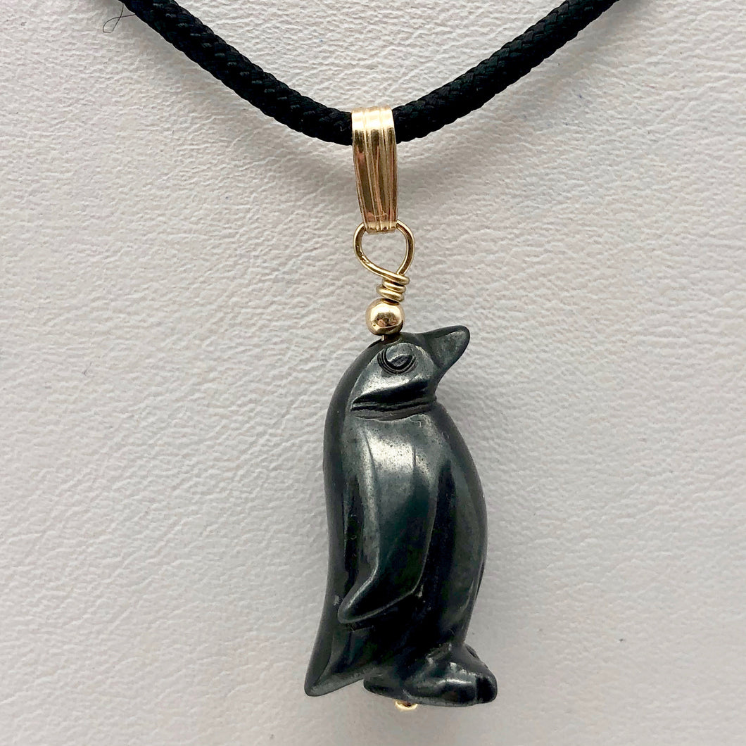 March of The Penguins Hematite Carved Bead & 14Kgf Pendant| 1 3/8