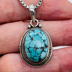 Turquoise Sterling Silver Native Oval Pendant | 1 3/4" Long | Blue/Black | 1 |