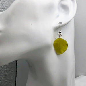 Korean Jade Carved Leaf Sterling Silver Drop Earrings | 1 1/2" Long | Green |