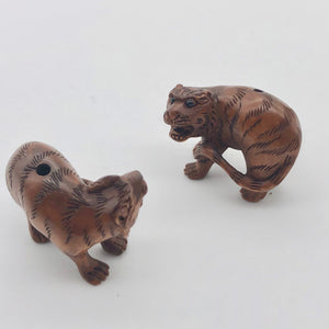 Roar 1 Fierce Carved Boxwood Tiger Ojime/Netsuke Bead | 21x25x16mm | Brown - PremiumBead Alternate Image 2