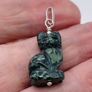 Adorable! Kambaba Jasper Carved Sitting Cat Sterling Silver Pendant