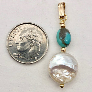 Natural Turquoise & Drop FW Pearl 14Kgf Pendant | 1 3/8" long | - PremiumBead Alternate Image 6