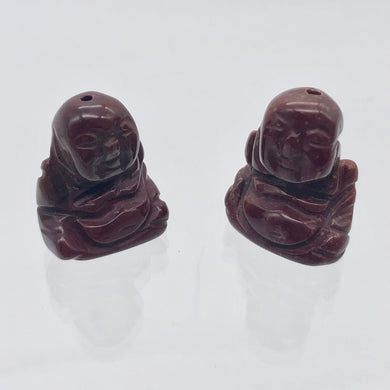 2 Hand Carved Brecciated Jasper Buddha Beads | 20x15x9mm | Red w/Brown and Grey - PremiumBead Primary Image 1
