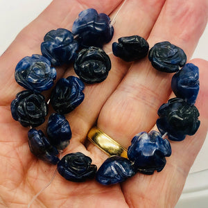 Hand Carved Blue Sodalite Rose Bead Half Strand | 15-16 Beads | 14x7 mm |