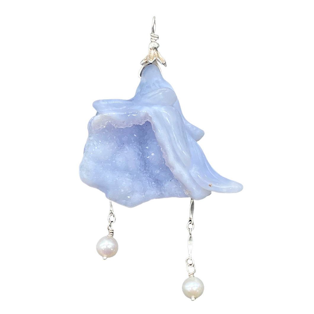 Blue Chalcedony Druzy Carved Flower Sterling Silver Pendant | 2 1/2