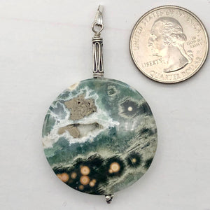 Ocean Jasper Round Sterling Silver Pendant | 2 1/4" Long | Green White |