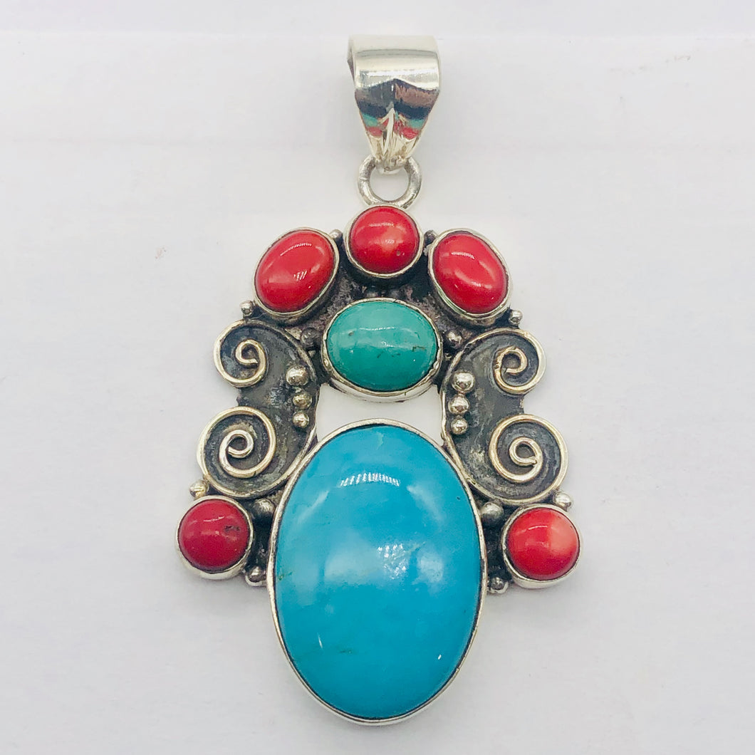 Turquoise Coral Native American Sterling Silver Pendant| 2 1/2