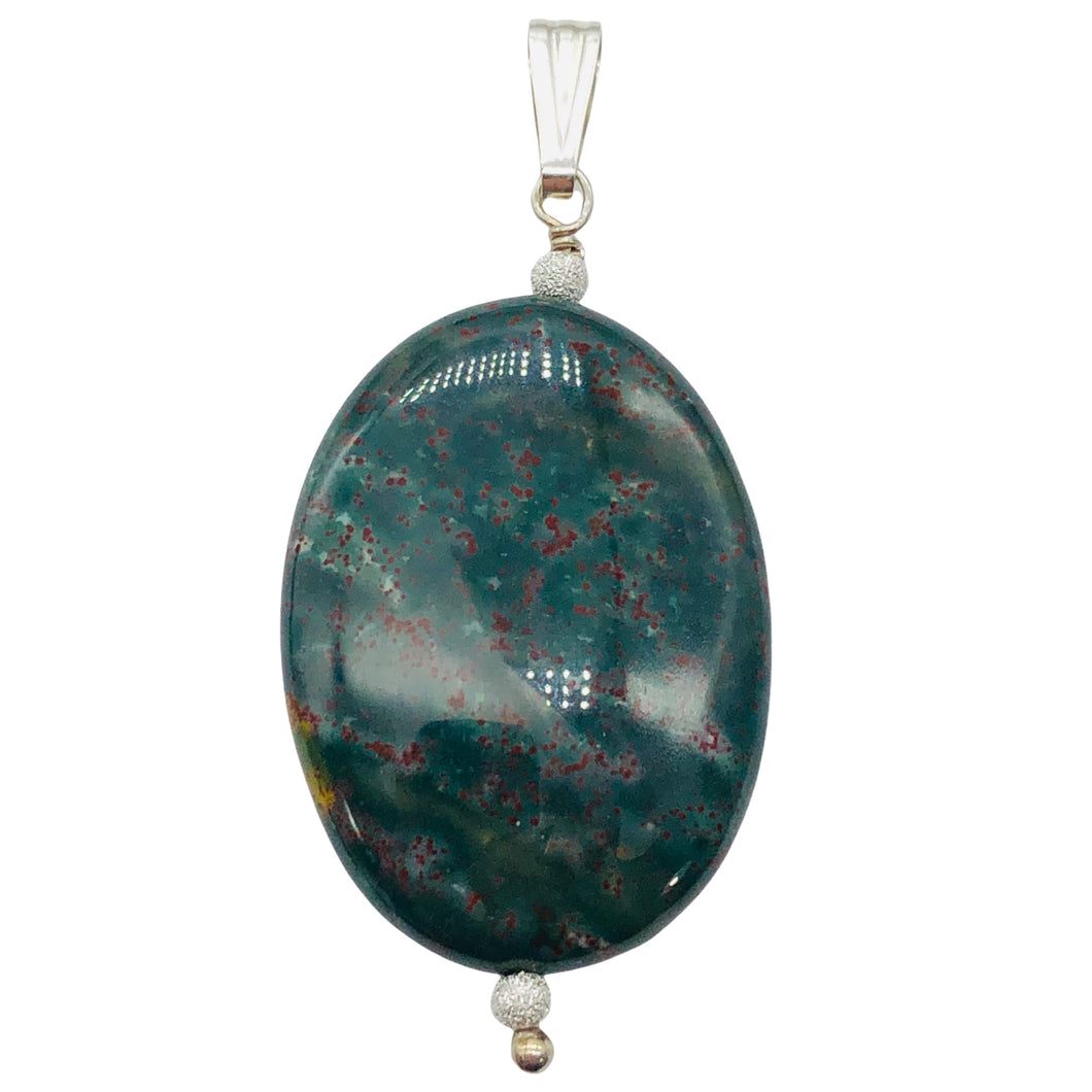 Rare Bloodstone Sterling Silver Oval Pendant with Quartz Crystal | 2