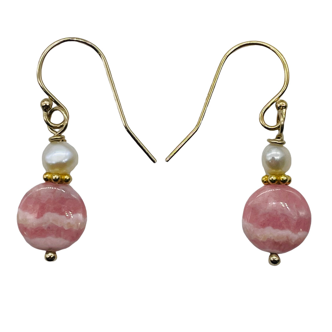 Rhodochrosite and Pearl Drop 14K Gold Filled Earrings | 1 1/2