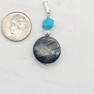 Hypersthene, Turquoise Drop Sterling Silver Pendant| 1 1/2" Long| Silvery, Blue|