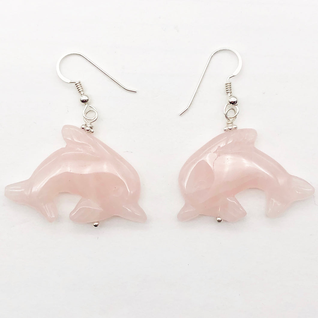 Rose Quartz Sterling Silver Dolphin Drop/Dangle Earrings| 1 3/4