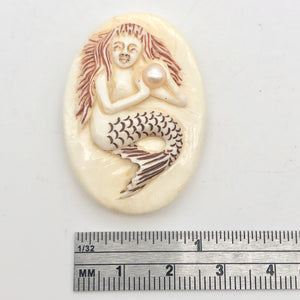 Splash Mermaid with Pearl Scrimshawed Carved Waterbuffalo Bone Button | 40x28mm | Cream Red Brown - PremiumBead Alternate Image 2