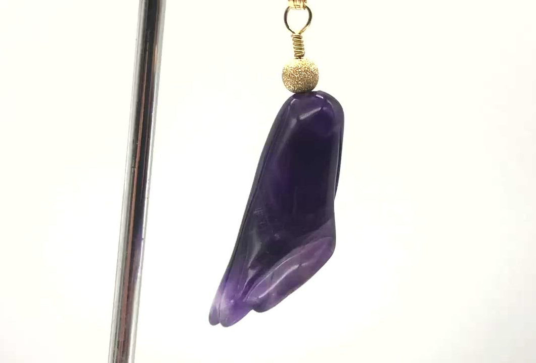Lily! Natural Carved Amethyst Flower14Kgf Pendant |1 9/16 x 5/16