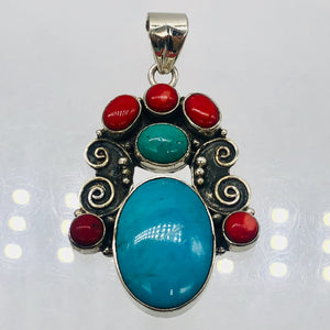 Turquoise Coral Native American Sterling Silver Pendant| 2 1/2" Long| Blue]Red |