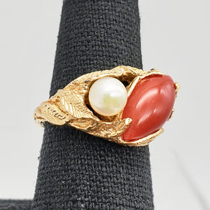 Natural Red Coral & Pearl Carved Solid 14Kt Yellow Gold Ring Size 5.75 9982D - PremiumBead Alternate Image 4