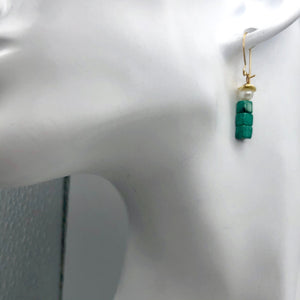 Exotic! Malachite Cube Beads Pearl 14K Gold Filled Earrings! | 1 3/8 inch Long |