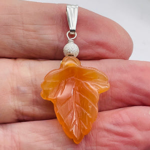 Carnelian Sterling Silver Carved Leaf | 1 3/4" Long | Orange | 1 Pendant |