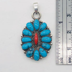 Turquoise Coral Sterling Silver Blossom Pendant | 1 1/4" Long | Blue/Red |