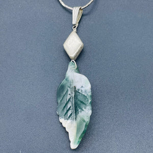 Jasper Sterling Silver Leaf Pendant | 2 3/4" Long | Green/White | 1 Pendant |