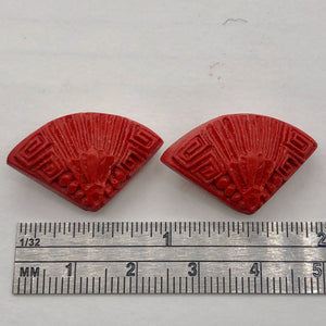 Cinnabar Carved Fan Beads | 25x15x10 mm | Red | 2 Beads |