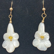 Load image into Gallery viewer, Shimmer! Carved Mother of Pearl Flower Earrings w/Yellow Sapphire Center 14Kgf - PremiumBead Alternate Image 2
