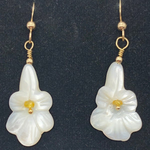 Shimmer! Carved Mother of Pearl Flower Earrings w/Yellow Sapphire Center 14Kgf - PremiumBead Alternate Image 2