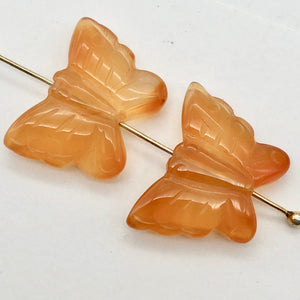 2 Fluttering Carved Carnelian Butterfly Beads | 15x19x5mm-19x21x5mm | Orange