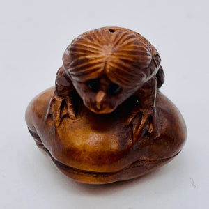 Carved Boxwood Turtle Man w/ Clam Ojime/Netsuke Bead