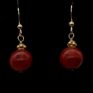 Red Sponge Coral 11mm Round Drop/Dangle Earrings | 1 3/8" Long | Red | 1 Pair |