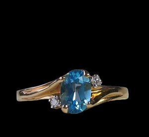 Blue topaz & White Diamonds Solid 14Kt Yellow Gold Solitaire Ring Size 8 9982Ae