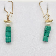 Load image into Gallery viewer, Exotic! Malachite Cube Beads Pearl 14K Gold Filled Earrings! | 1 3/8 inch Long |

