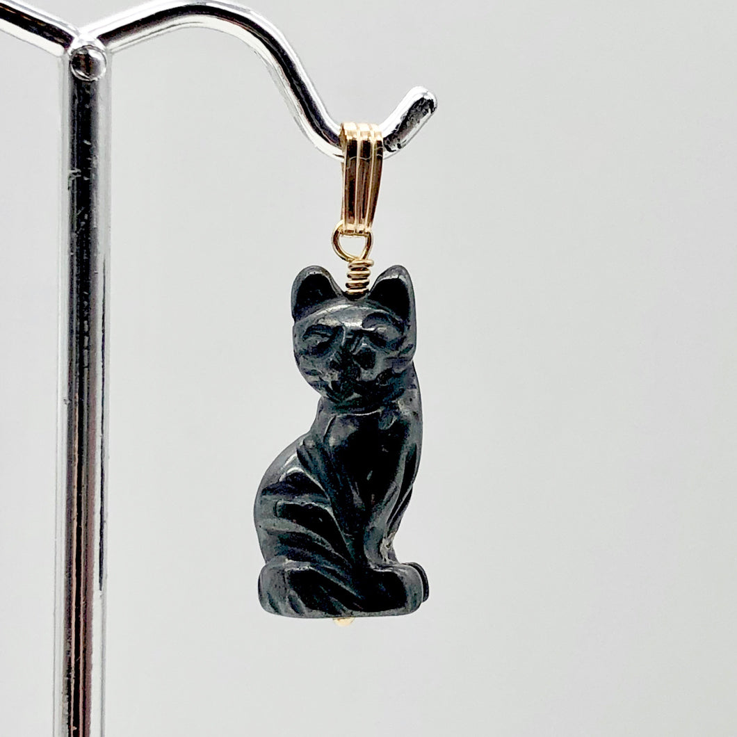 Hematite Kitty Cat Pendant Necklace|Semi Precious Stone Jewelry|14k Pendant