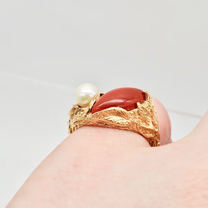 Natural Red Coral & Pearl Carved Solid 14Kt Yellow Gold Ring Size 5.75 9982D - PremiumBead Alternate Image 7