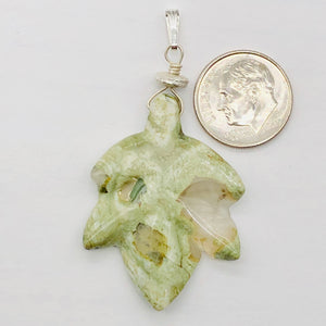 Ryolite Rain Tree Jasper Sterling Silver Leaf Pendant|2" Long |Green | 1 Pendant