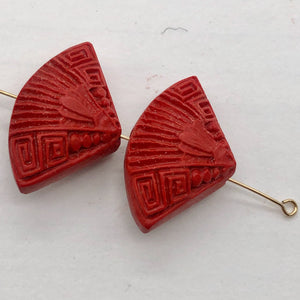 Cinnabar Carved Fan Beads | 25x15x10 mm | Red | 2 Beads |