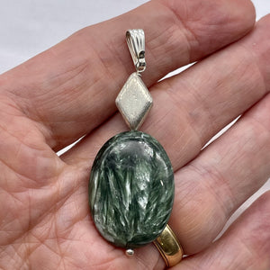 Seraphinite Drop Oval Sterling Silver Pendant | 2 1/4" Long | Green White | 1 |