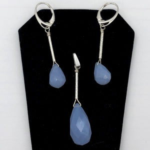 Blue Chalcedony Designer Sterling Silver Pendant and Earrings Jewelry Set