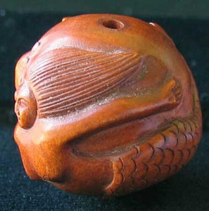 Hand Carved Boxwood Mermaid 20mm Ball Ojime/Netsuke Bead - PremiumBead Alternate Image 2