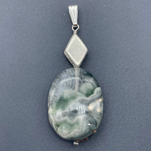 Ocean Jasper Sterling Silver Oval Pendant | 2" Long | Green | 1 Pendant |